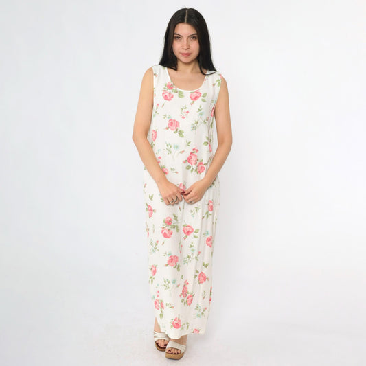 90s Pink Floral White Maxi Dress Sleeveless Scoop Neck Side Slit Medium