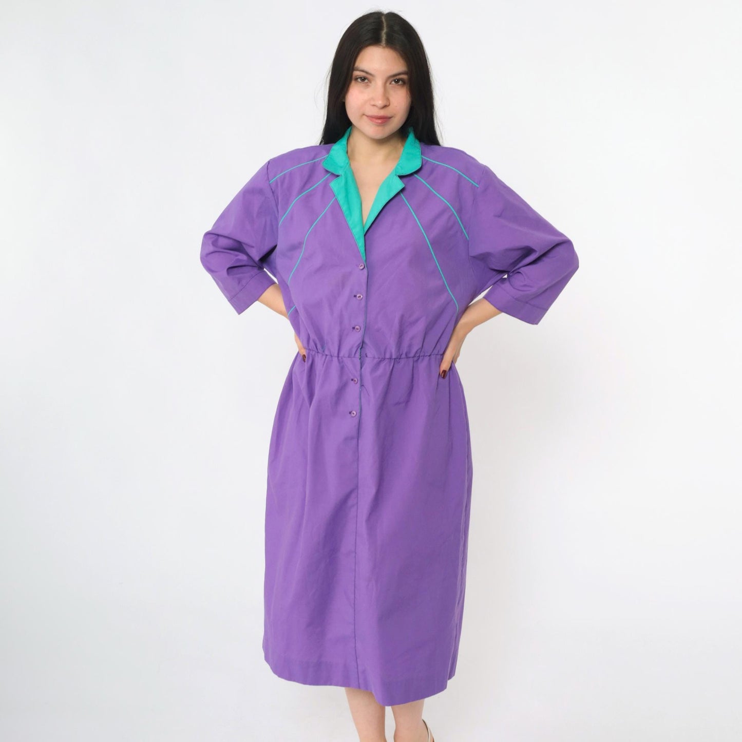 80s Purple Shirtdress Turquoise Collar Midi Button-Up High Waist Medium