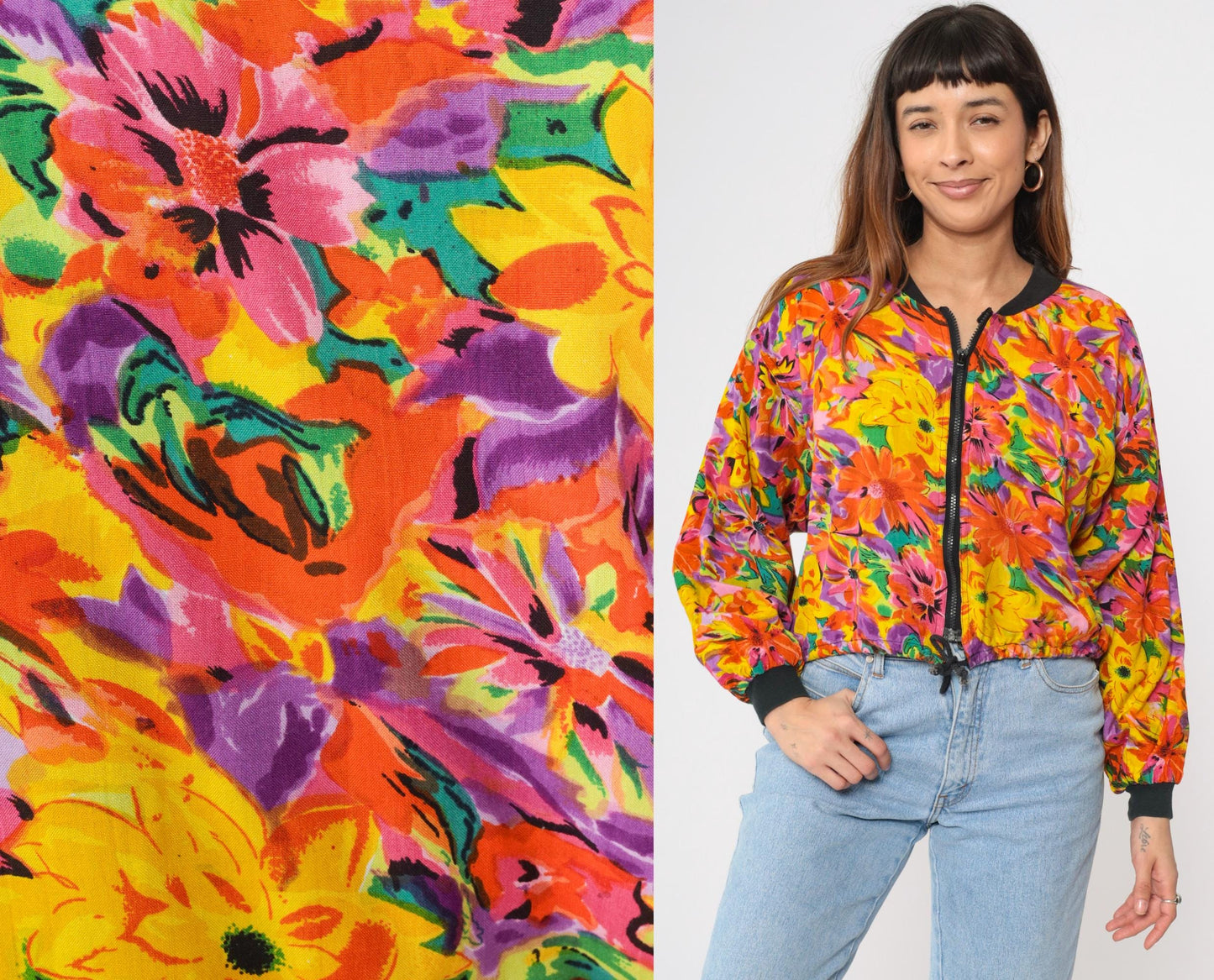 90s Floral Abstract Bomber Jacket Windbreaker Cropped Zip Drawstring Small