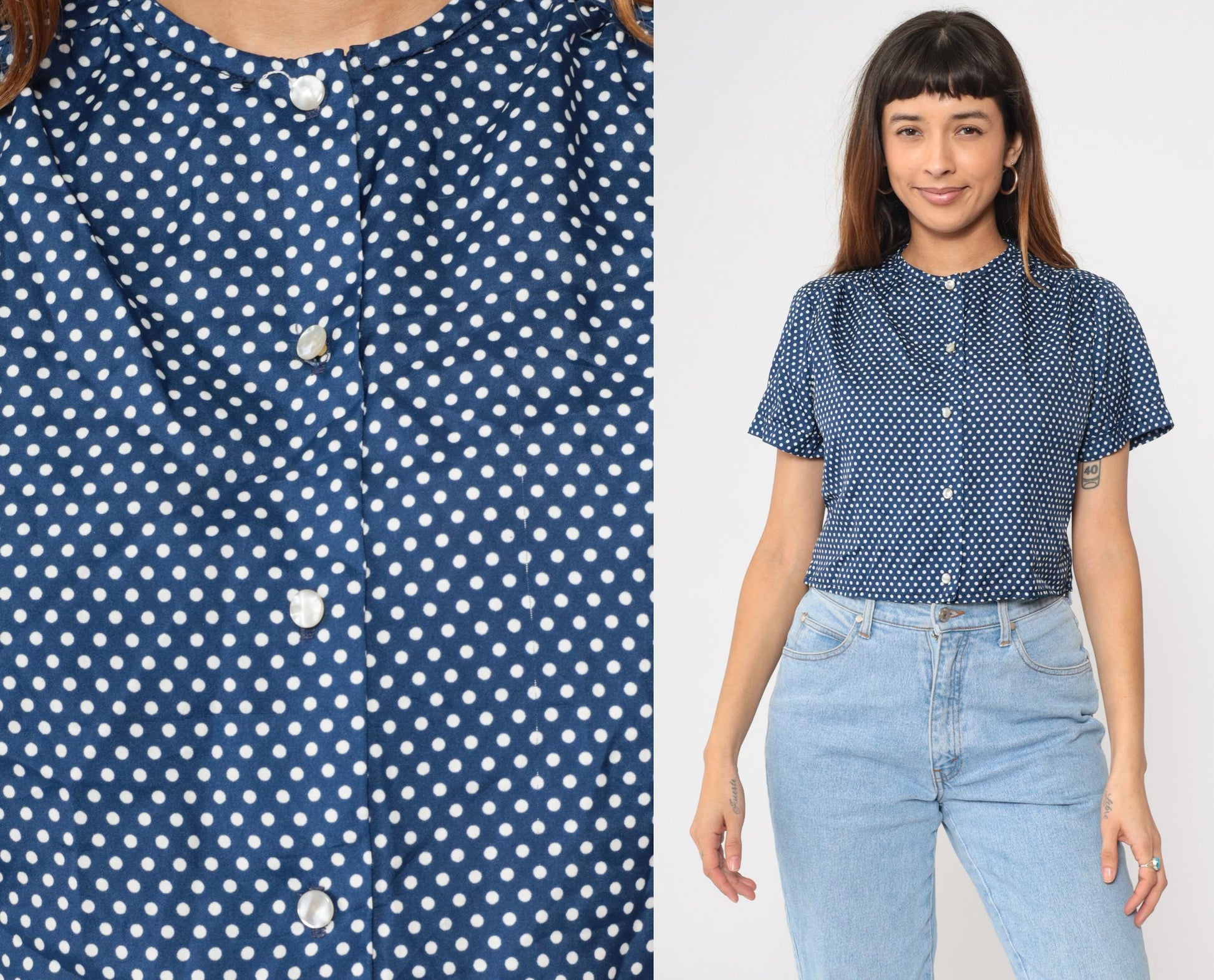 70s Blue Polka Dot Button Up Blouse Cropped Short Sleeve Pearl Buttons Medium