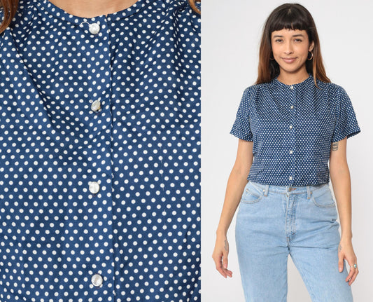 70s Blue Polka Dot Button Up Blouse Cropped Short Sleeve Pearl Buttons Medium