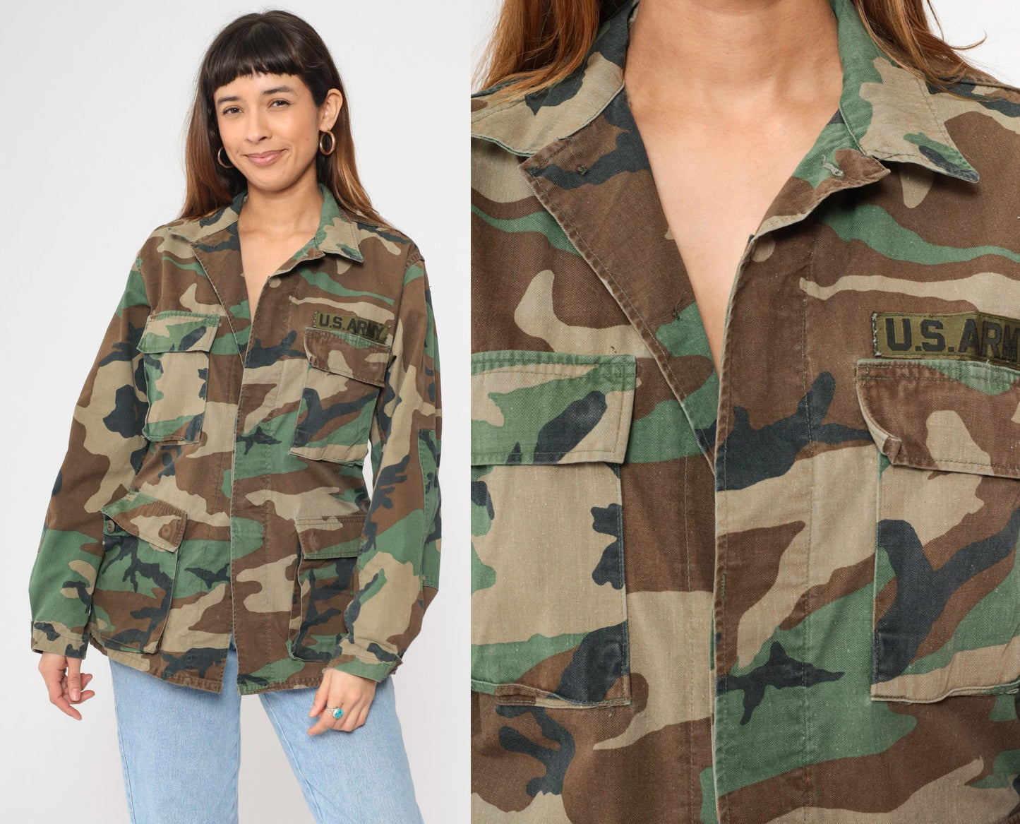 90s US Army Woodland Camouflage Field Jacket Button Up Small Regular
