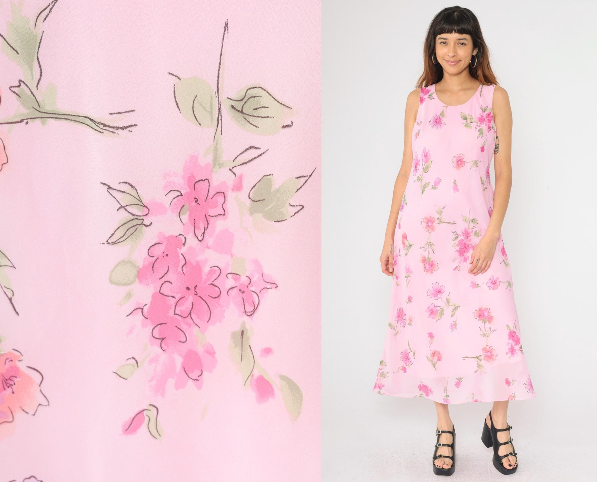 90s Pink Floral Maxi Dress Sleeveless Scoop Neck Chiffon Overlay Large 12