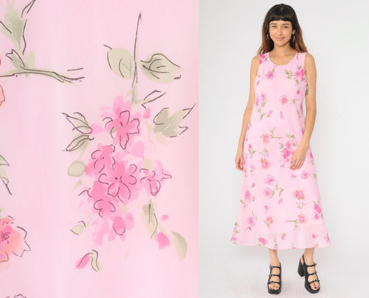 90s Pink Floral Maxi Dress Sleeveless Scoop Neck Chiffon Overlay Large 12