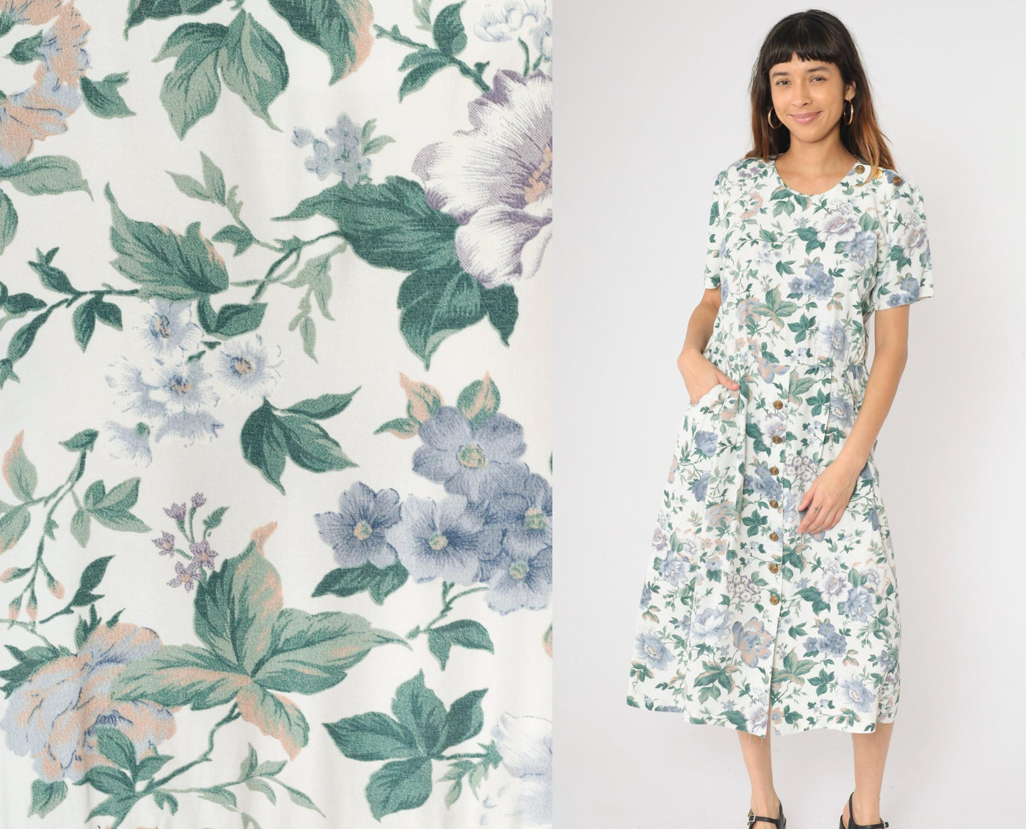 90s Floral Button Midi Dress White Blue Green Print Short Sleeve Medium M