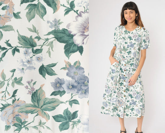 90s Floral Button Midi Dress White Blue Green Print Short Sleeve Medium M