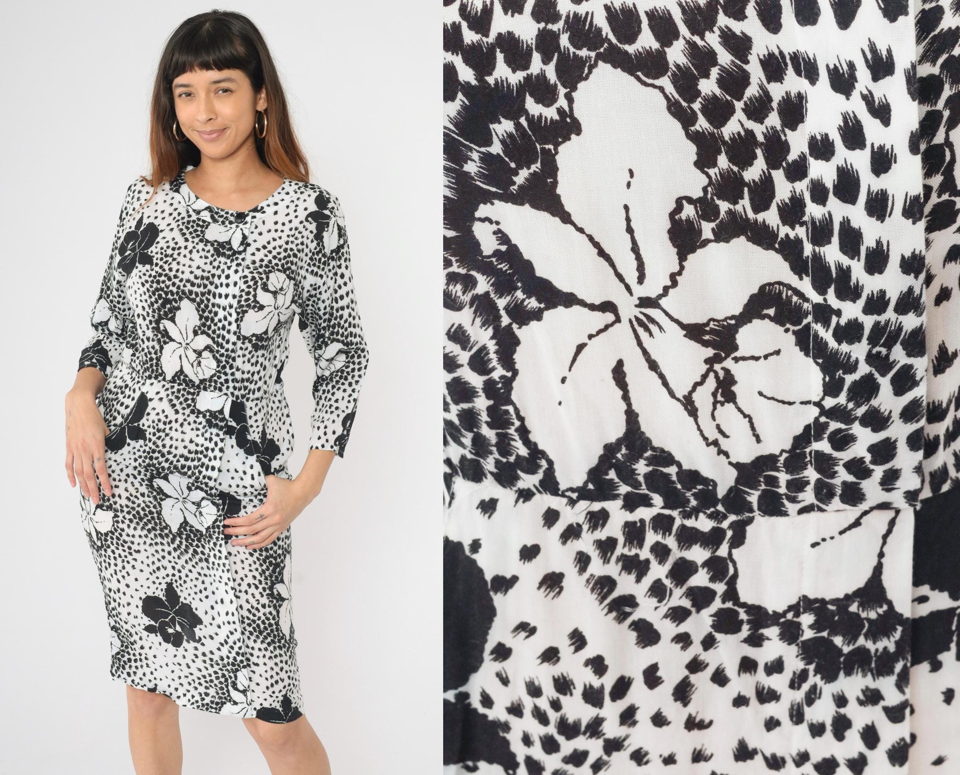 80s Black White Tropical Floral Midi Dress High Waist Pencil Long Sleeve Small