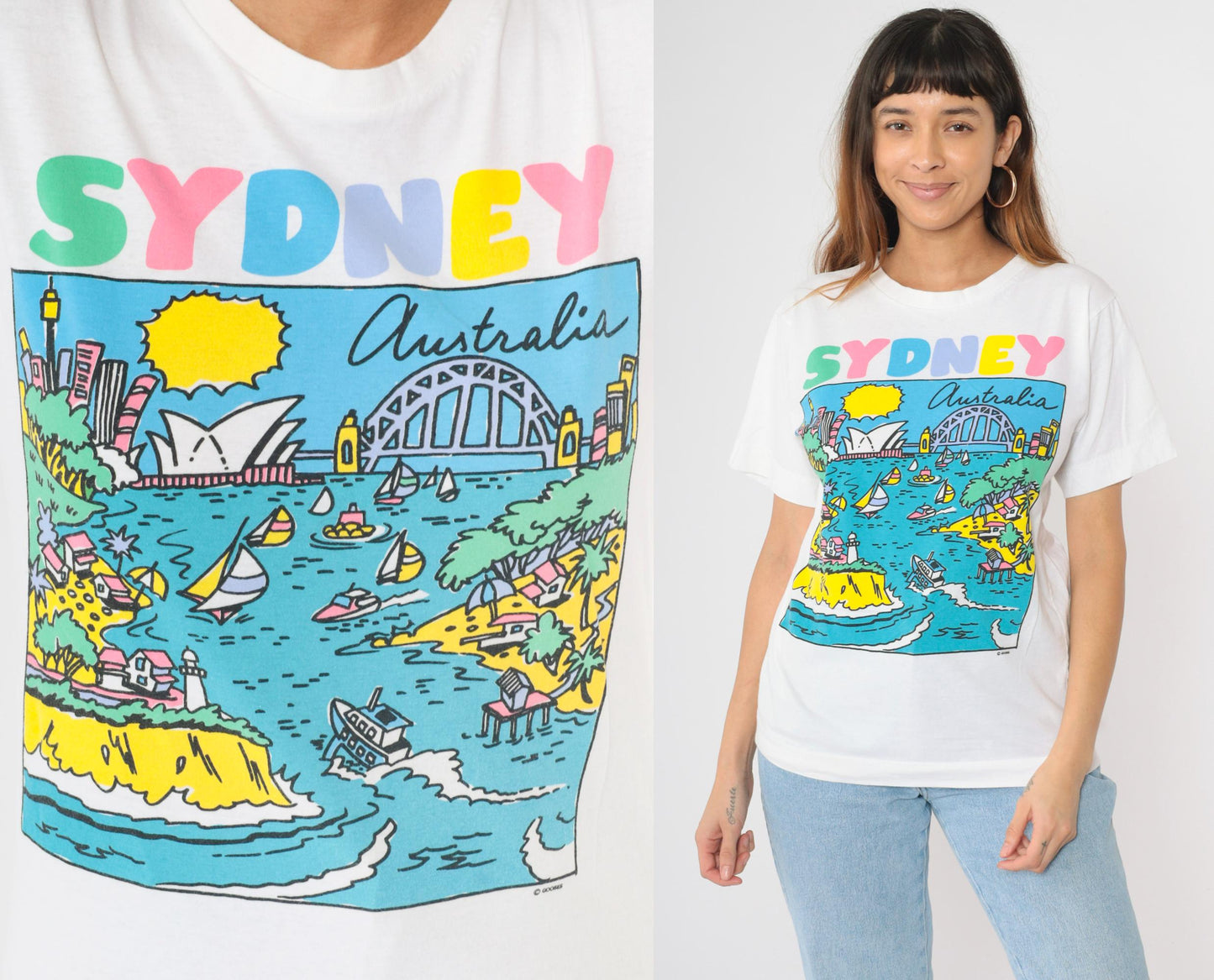 90s Sydney Opera House White Graphic T-Shirt Cotton Crewneck Small