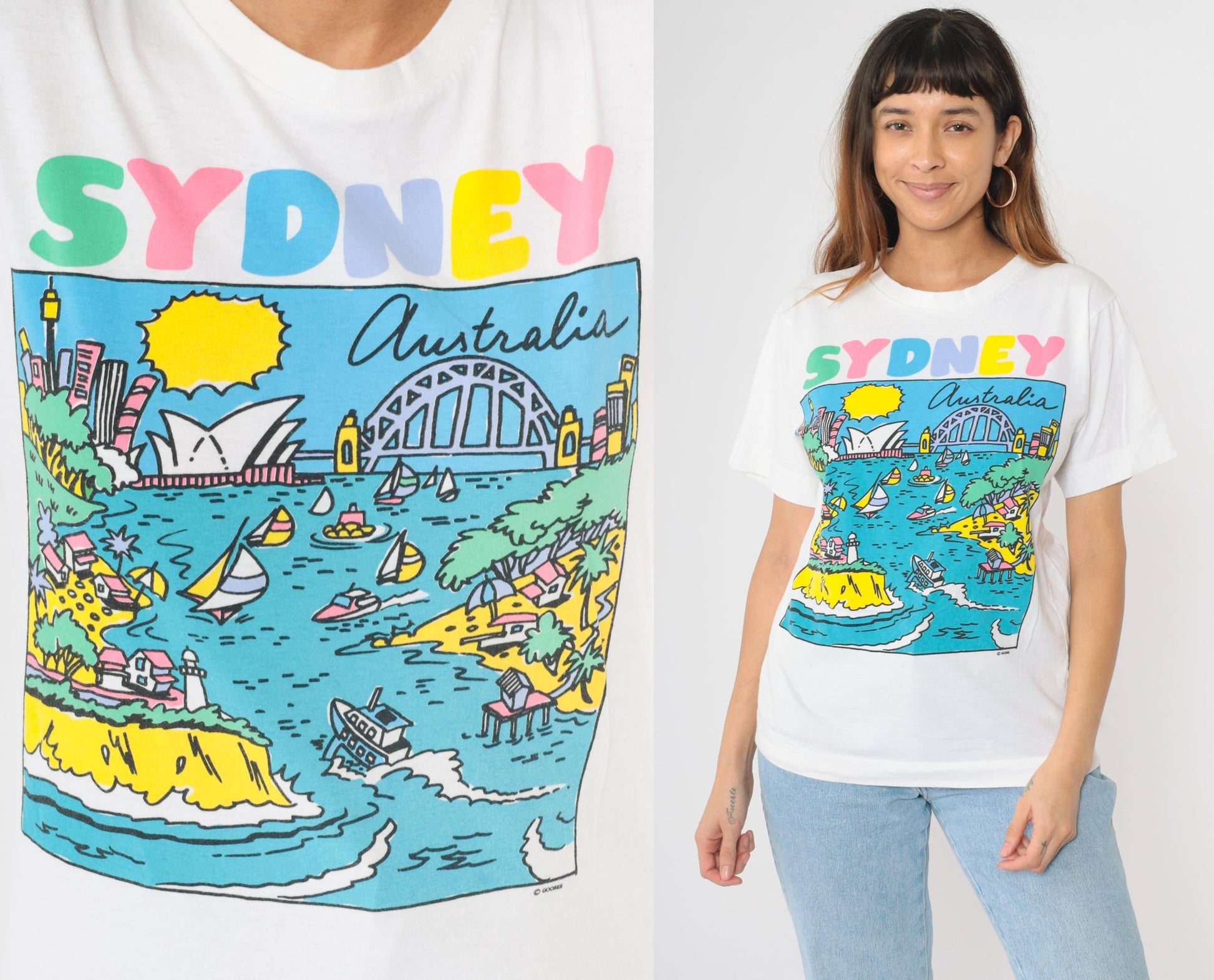 90s Sydney Opera House White Graphic T-Shirt Cotton Crewneck Small