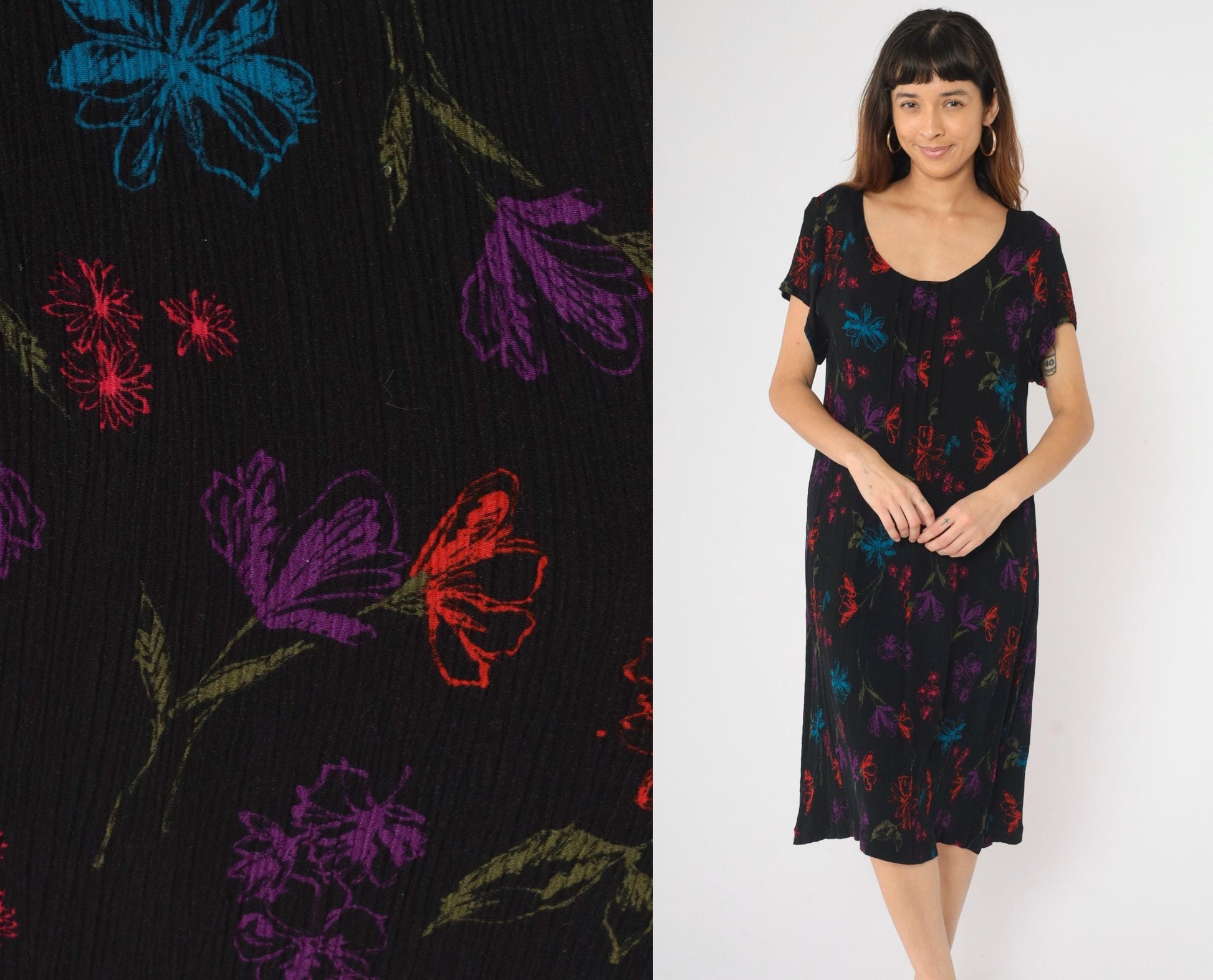 90s Black Floral Rayon Midi Dress Pintucked Scoop Neck Short Sleeve Medium Large