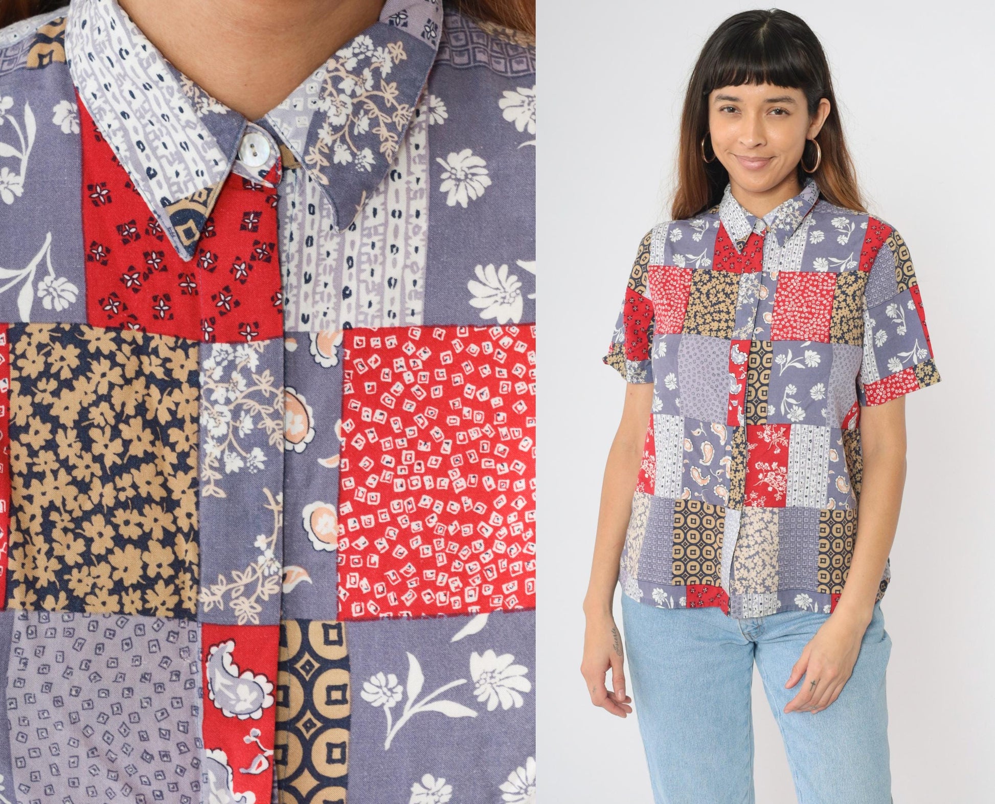 90s Alfred Dunner Patchwork Floral Paisley Button Up Blouse Muted Blue Red Medium