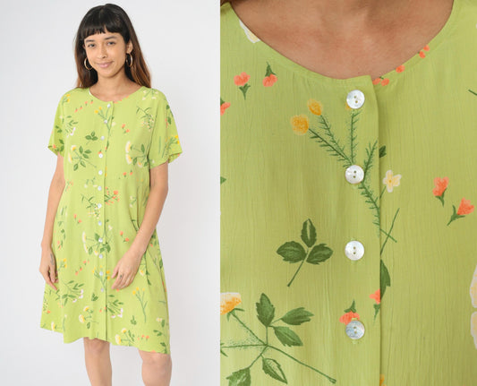 90s Lime Green Floral Rayon Dress High Waist Button Front Knee Length Large