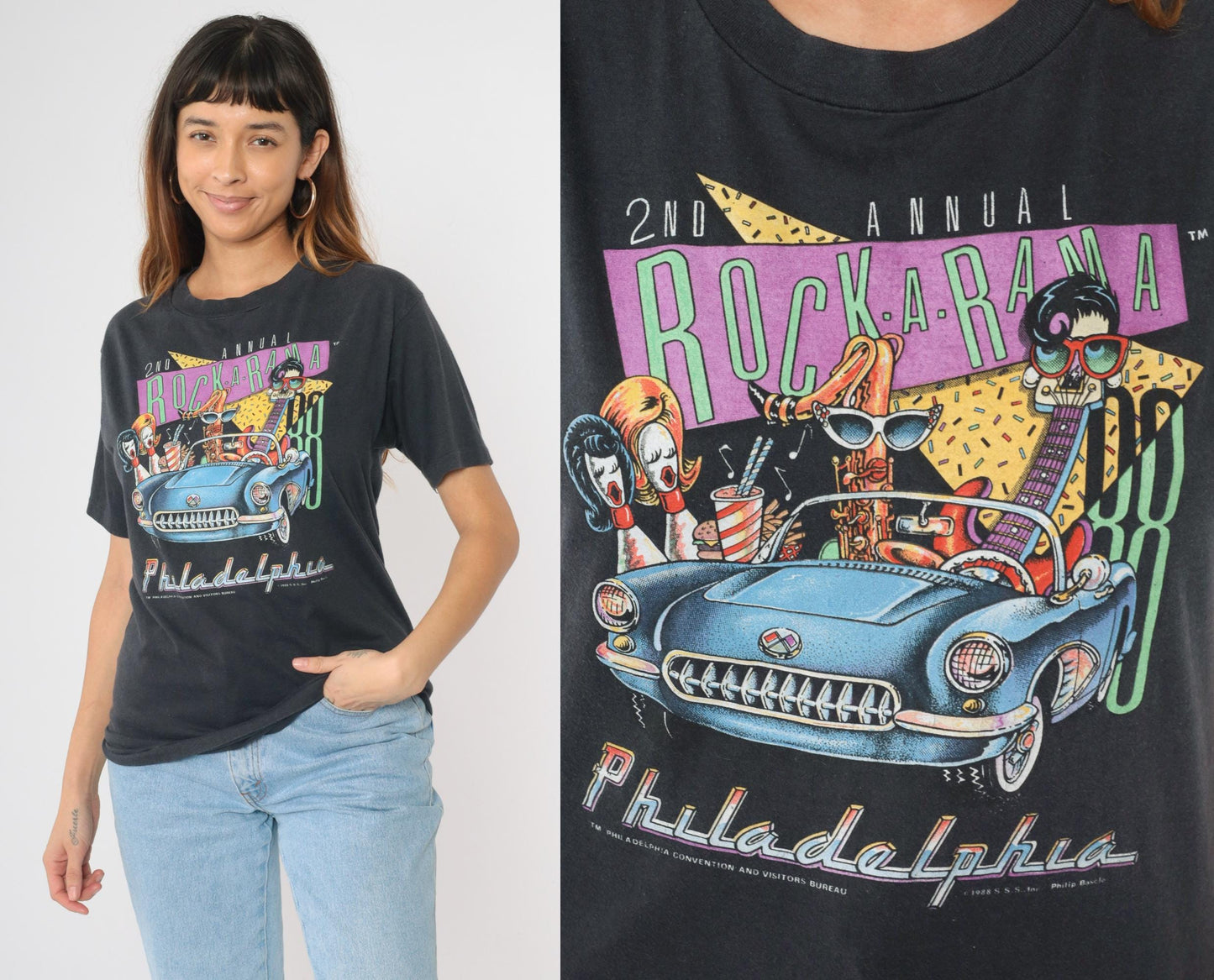 80s Rock-a-Rama Philadelphia Graphic T-Shirt Black Rockabilly Car Small