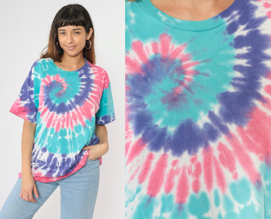 90s Tie Dye Swirl T-Shirt Pink Purple Turquoise Distressed Cotton Crewneck Large