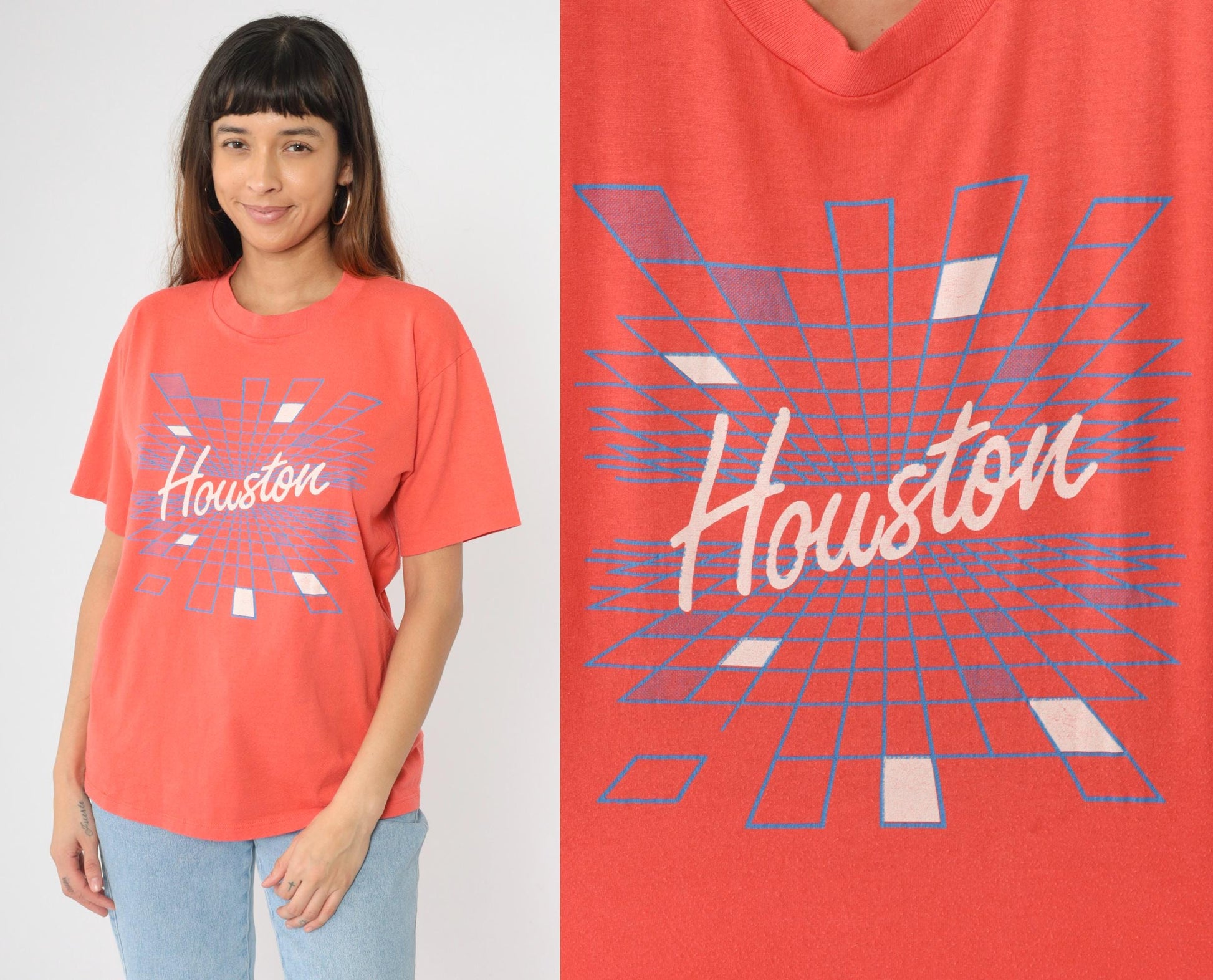 80s Houston Graphic T-Shirt Orange Spellout Velva Sheen Medium