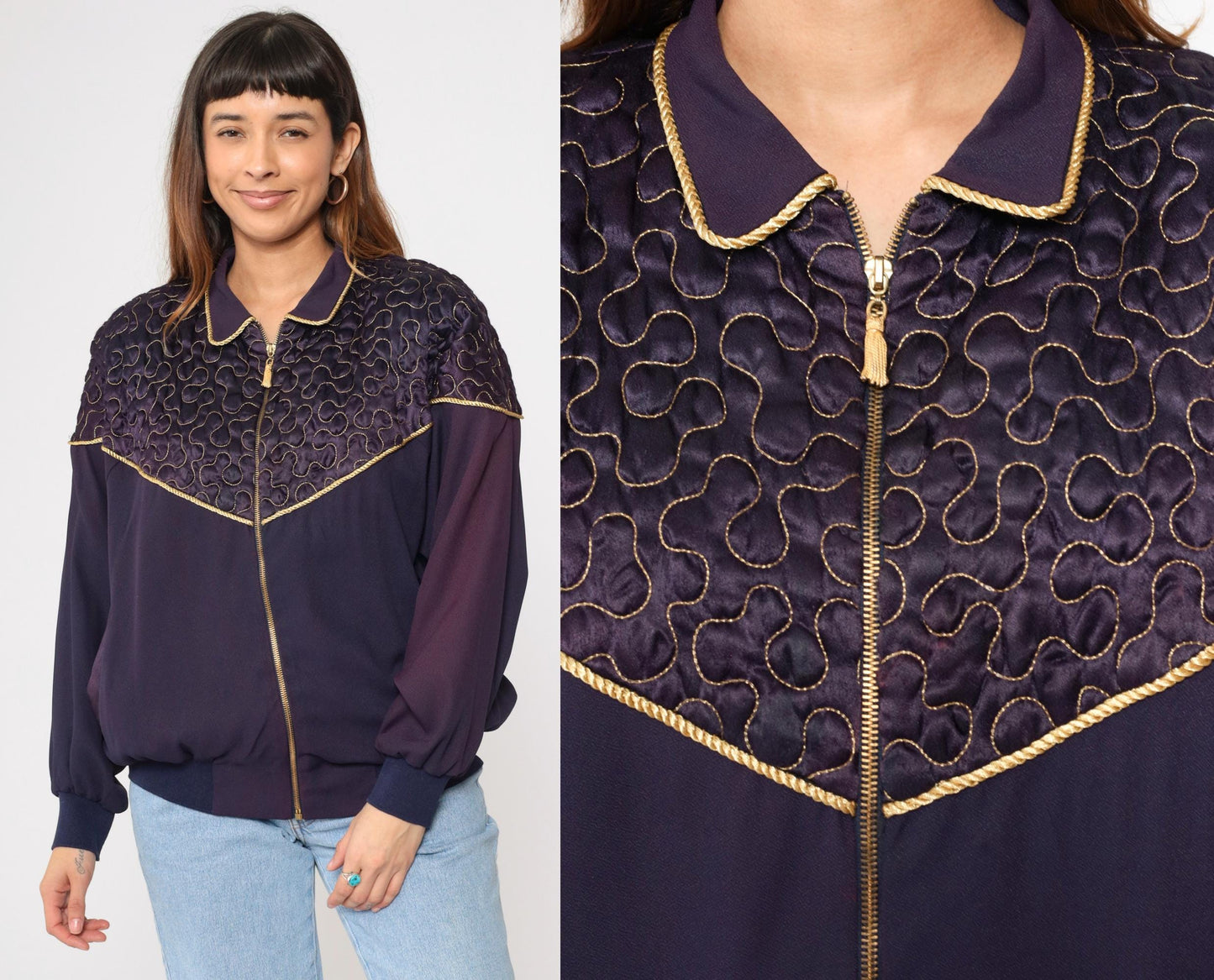 90s Purple Quilted Windbreaker Jacket Gold Trim Western Yoke Bomber Large L