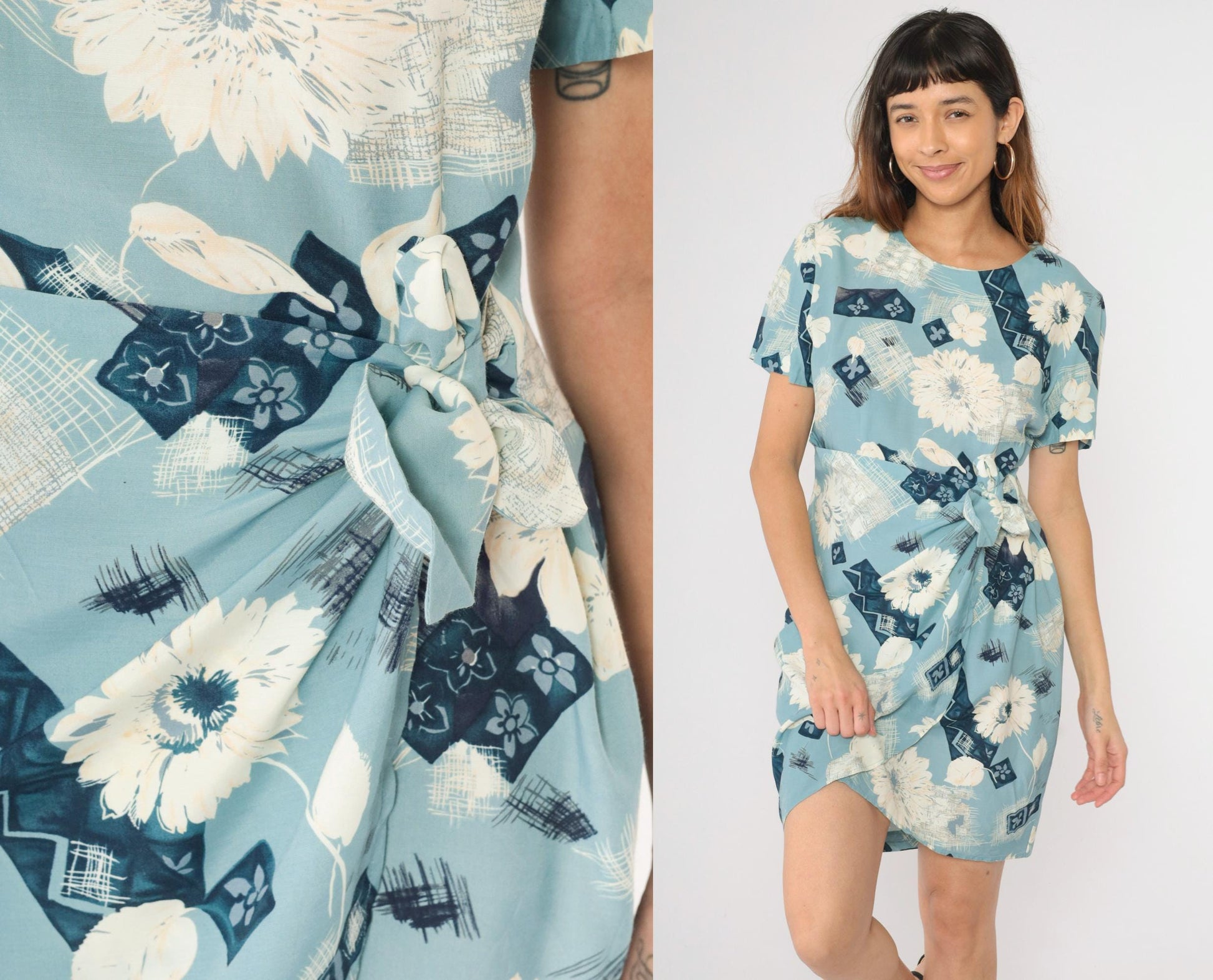 90s Karin Stevens Floral Mini Dress Blue Wrap Tie Rayon Short Sleeve Medium