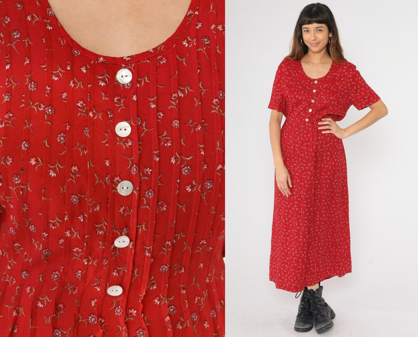 90s Betsy Lauren Red Floral Maxi Dress Scoop Neck Short Sleeve Medium
