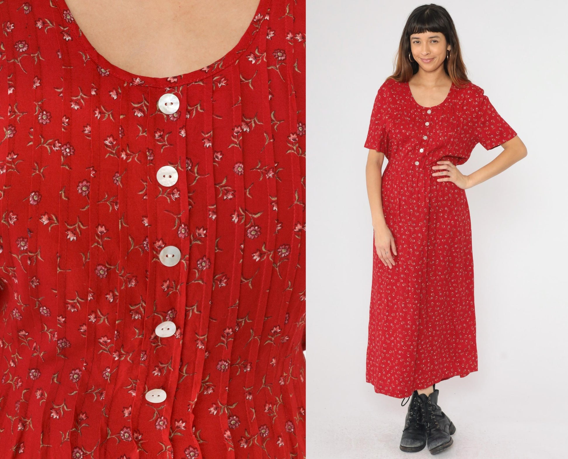 90s Betsy Lauren Red Floral Maxi Dress Scoop Neck Short Sleeve Medium