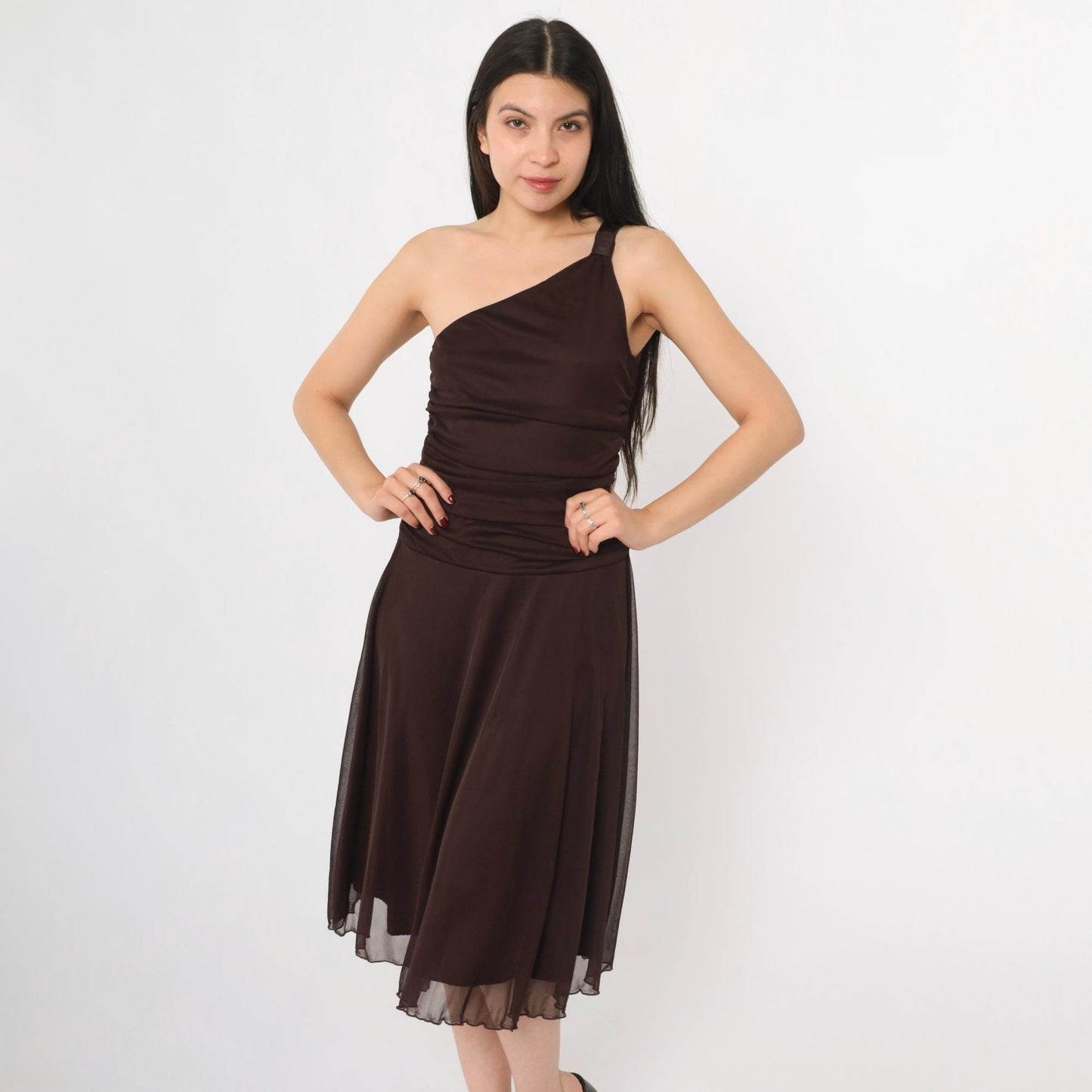 Y2K Brown Mesh One-Shoulder Midi Dress Ruched Asymmetrical Small S