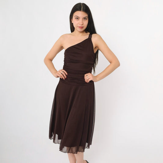 Y2K Brown Mesh One-Shoulder Midi Dress Ruched Asymmetrical Small S