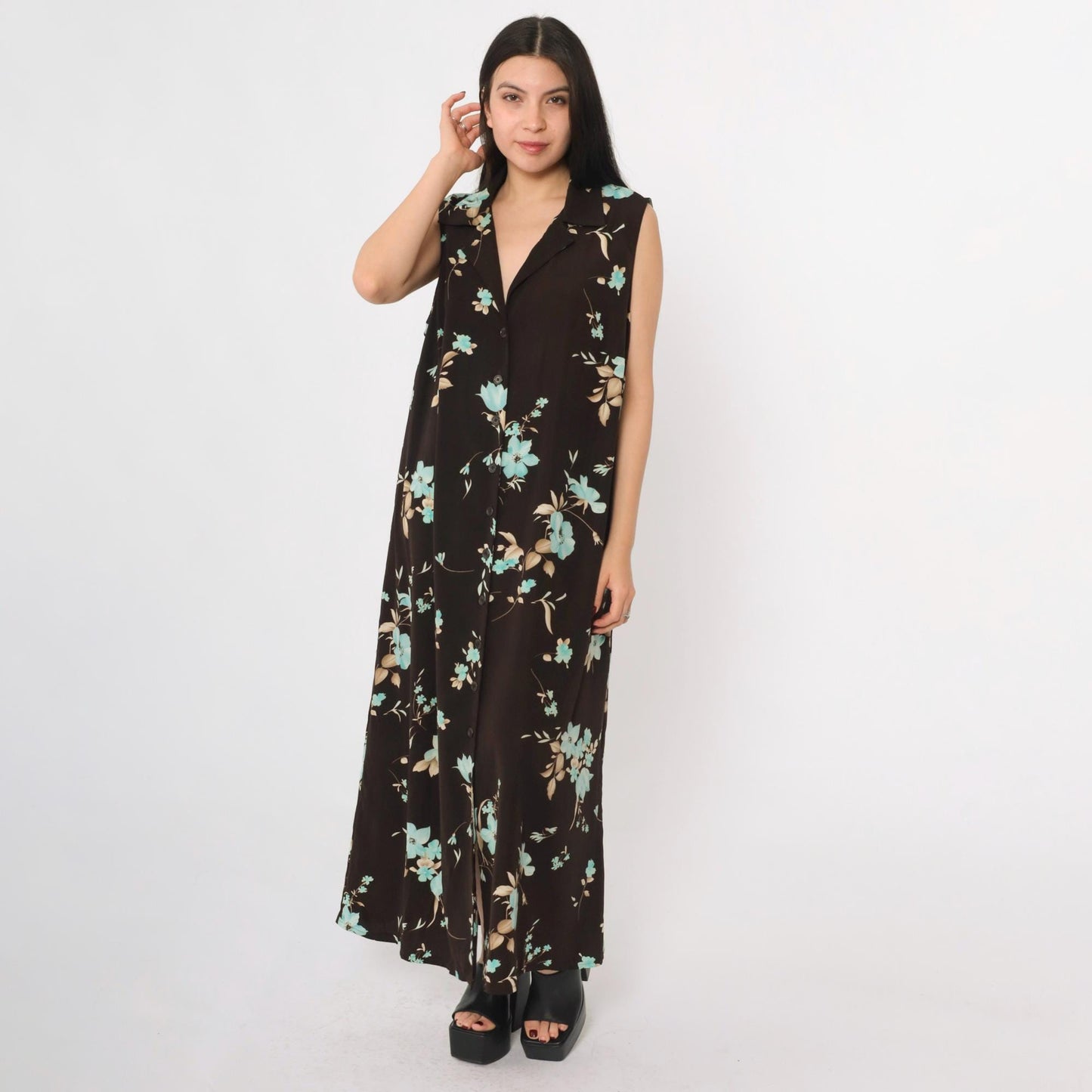 90s Studio I Brown Floral Maxi Dress Plus Size 18W Sleeveless Collared V-Neck