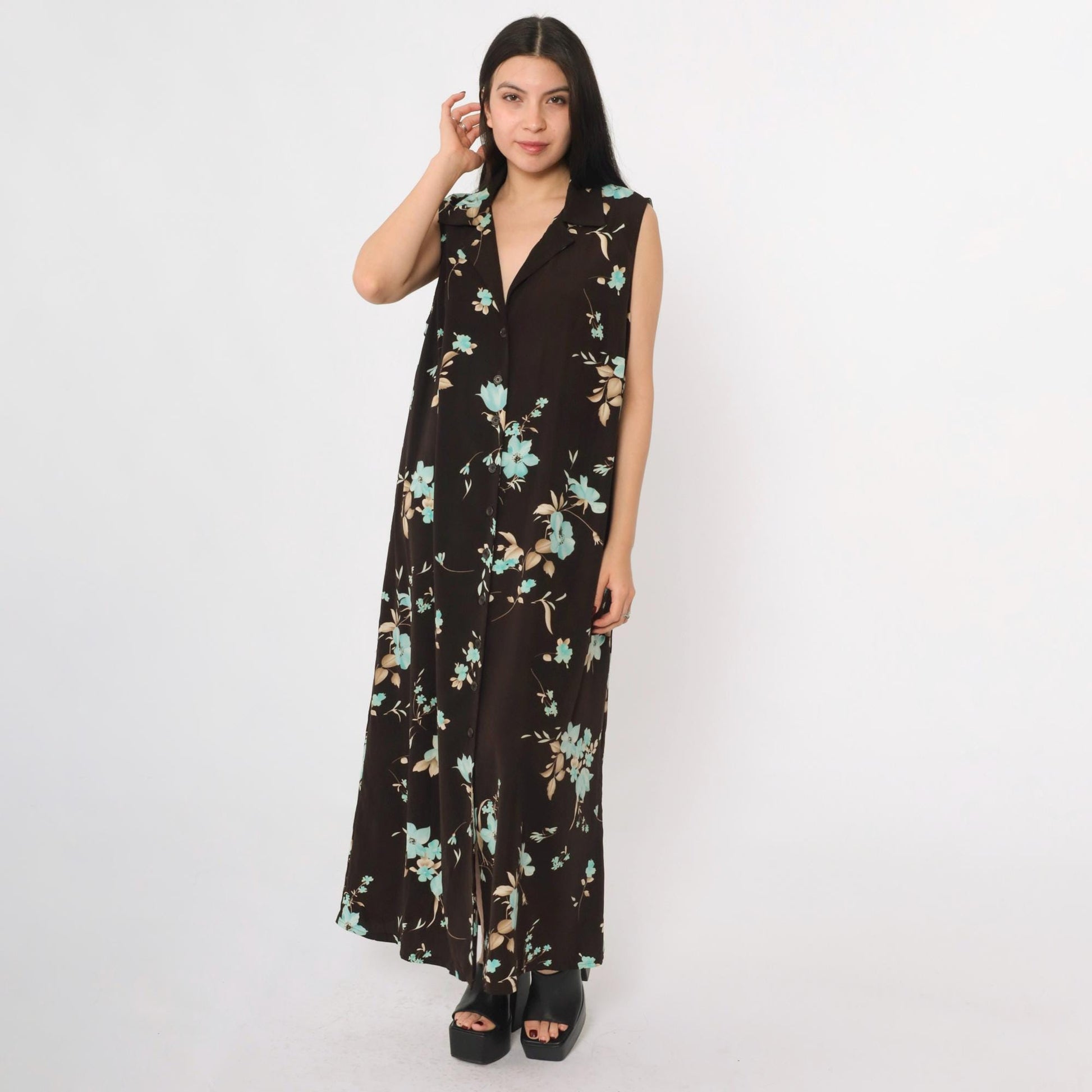 90s Studio I Brown Floral Maxi Dress Plus Size 18W Sleeveless Collared V-Neck