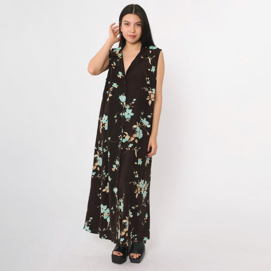 90s Studio I Brown Floral Maxi Dress Plus Size 18W Sleeveless Collared V-Neck