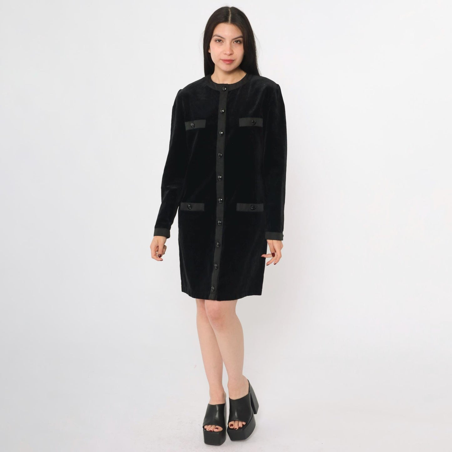 80s Black Velvet Jacket Dress Mini Button-Up Long Sleeve Medium