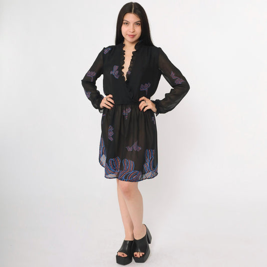 70s Diane Von Furstenberg Black Sheer Mini Dress Ribbon Bow Ruffle Neck Medium