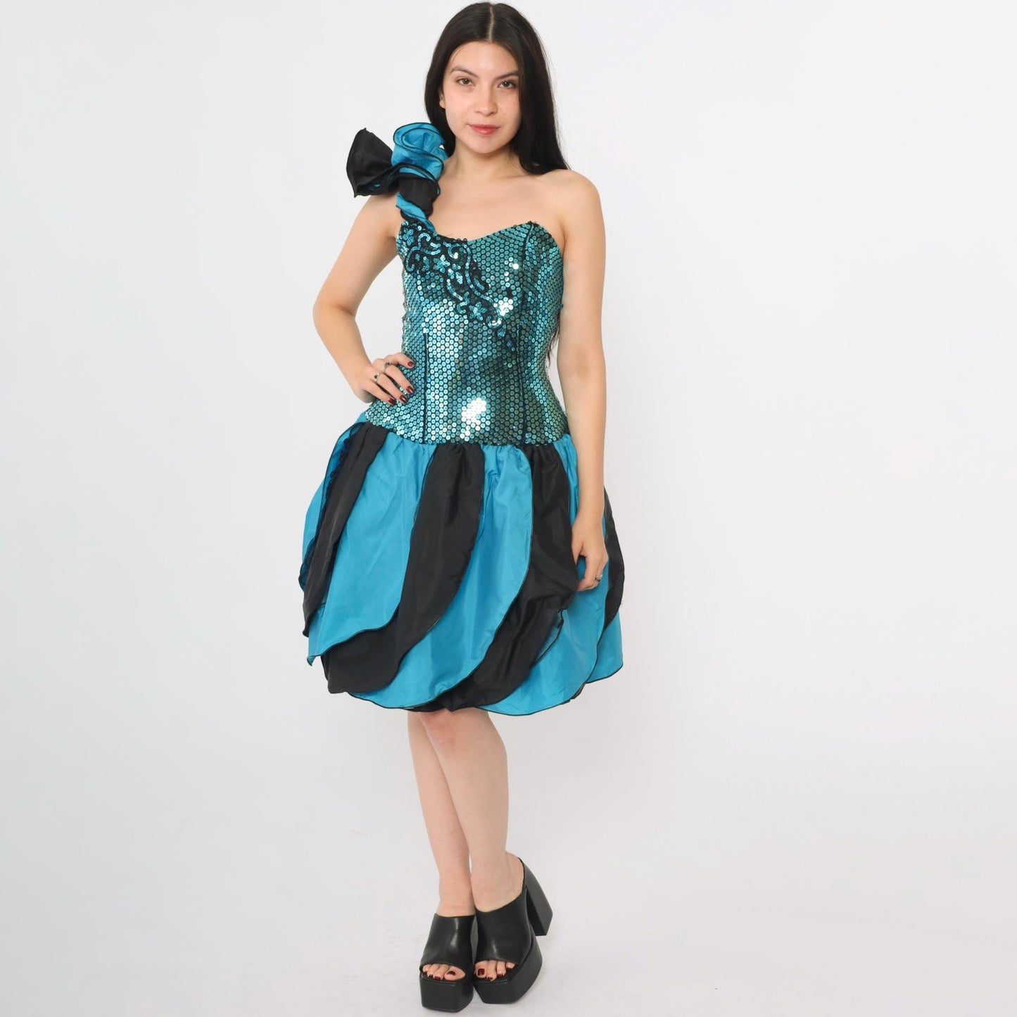 80s J Reynolds Designs Turquoise Sequin Strapless Dress Balloon Skirt Small