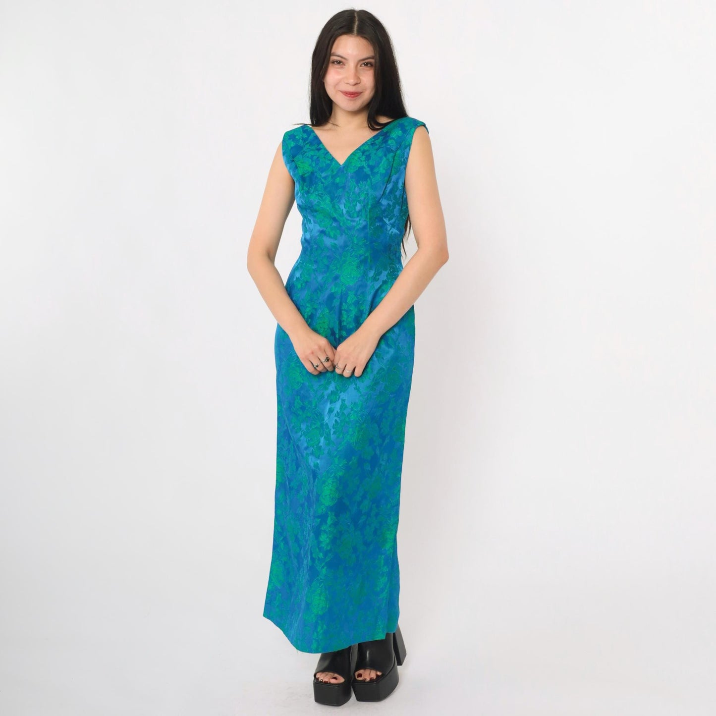 1960s Blue Green Floral Jacquard Maxi Dress V Neck Sleeveless Evening Gown Small