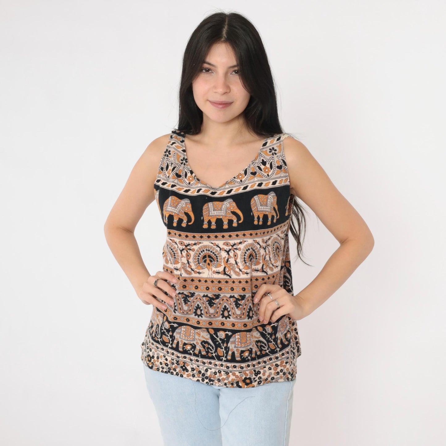 Y2K Elephant Peacock Print Tank Top Scoop Neck Black Orange Medium M