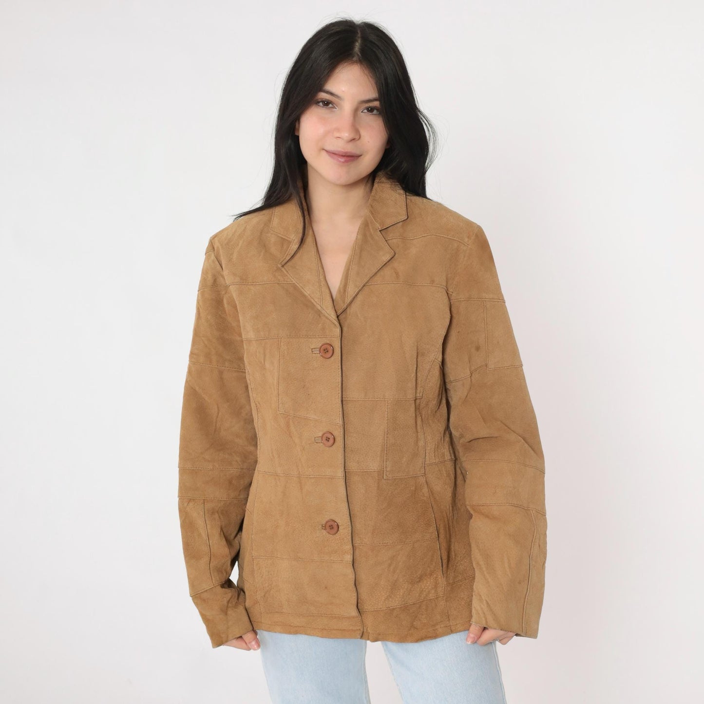 Y2K Tan Suede Leather Jacket Button Front Blazer Medium M