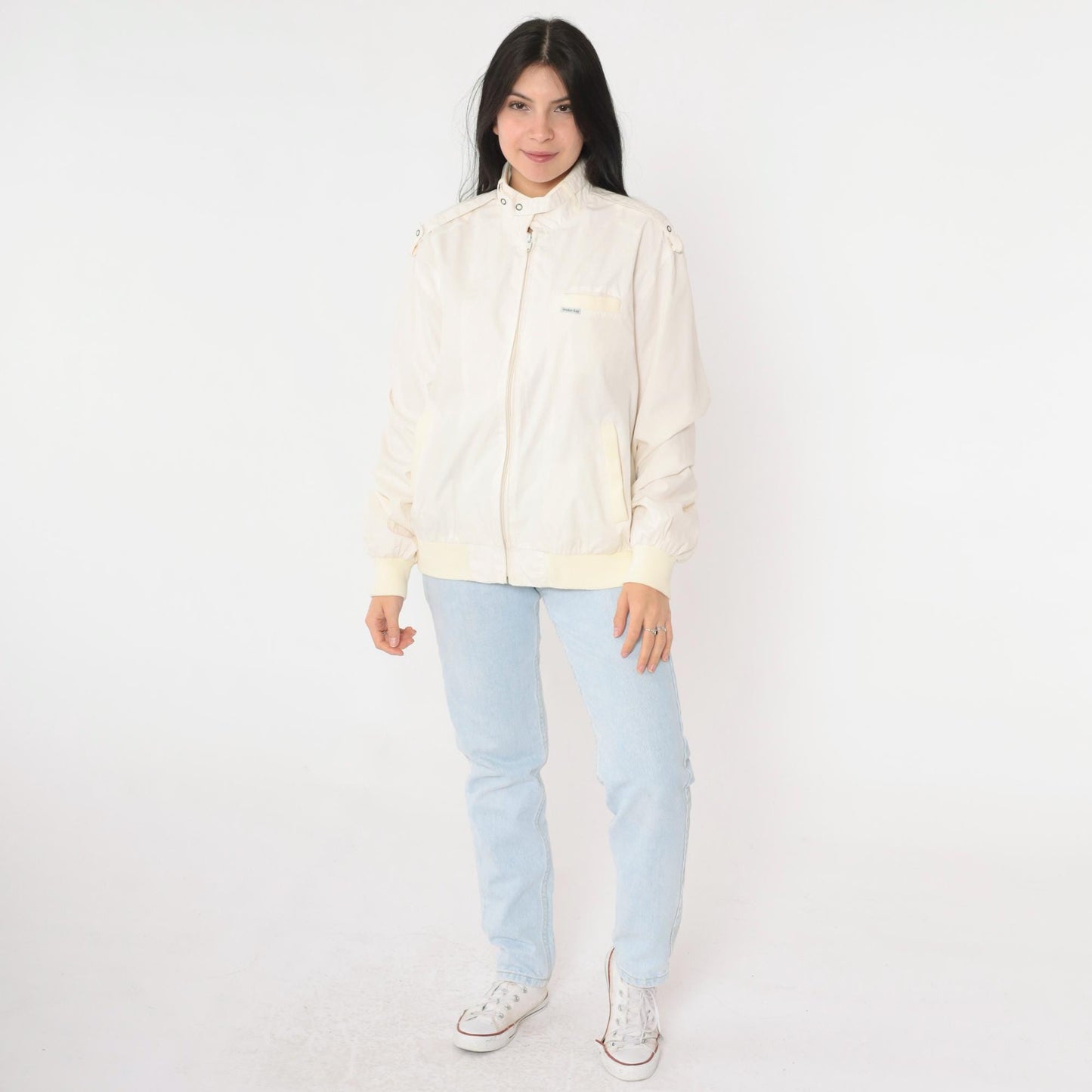 80s Cafe Racer Jacket Ivory Bomber Windbreaker Yellow Trim Epaulette Large L
