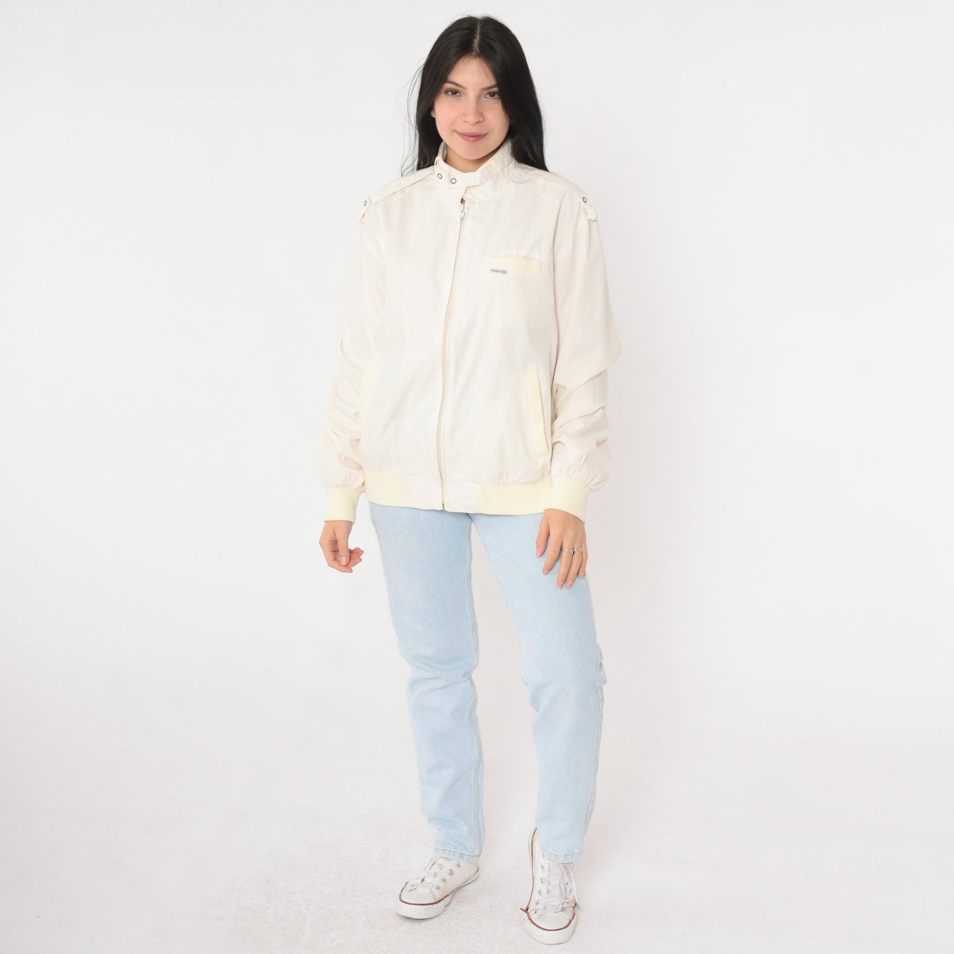 80s Cafe Racer Jacket Ivory Bomber Windbreaker Yellow Trim Epaulette Large L