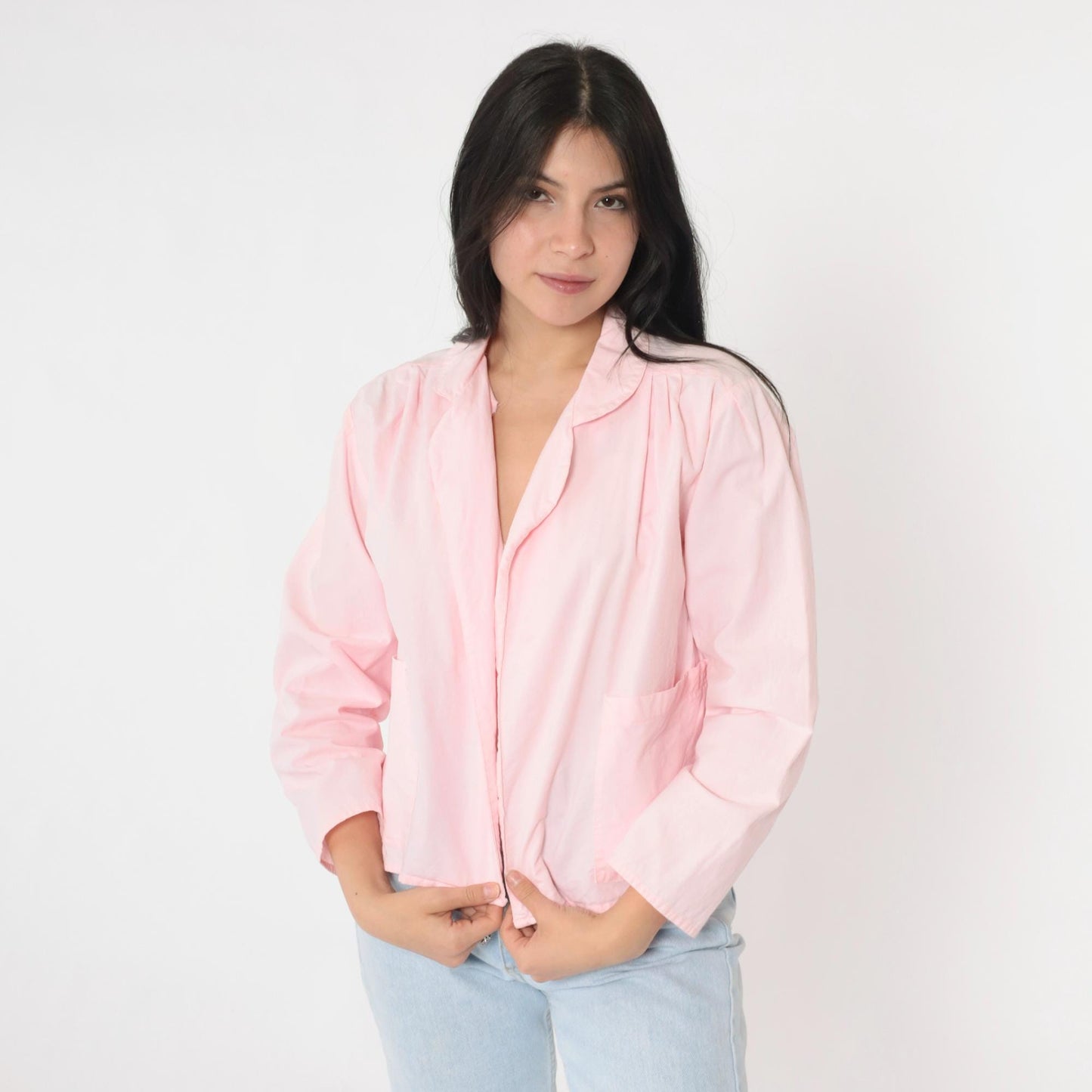 80s Liberated Lady Baby Pink Cotton Open Front Blazer Medium