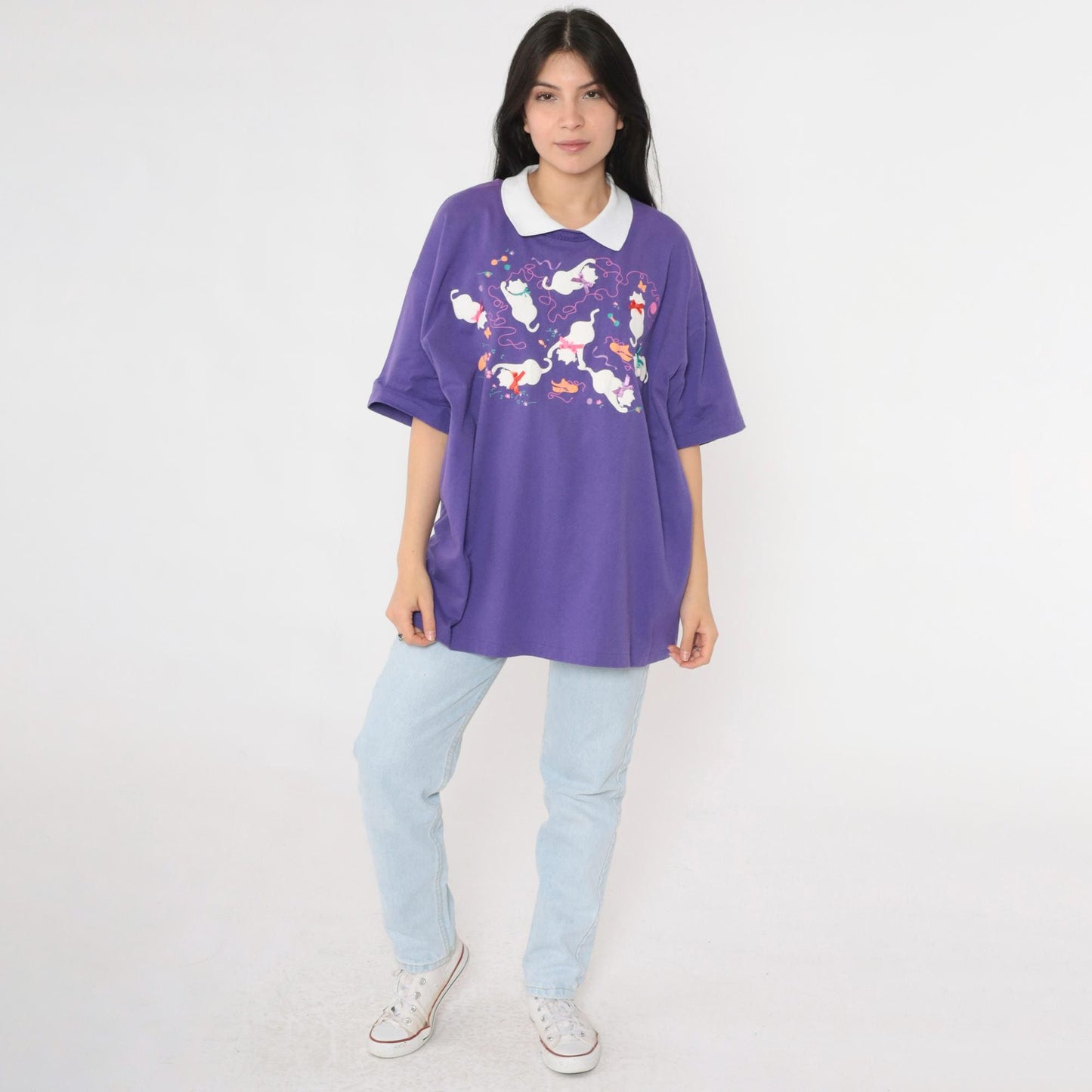 90s Purple Cat Graphic T-Shirt Bow Appliqué Collared Tee Extra Large