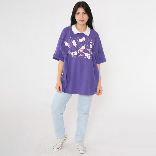 90s Purple Cat Graphic T-Shirt Bow Appliqué Collared Tee Extra Large