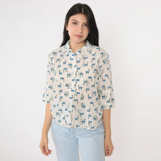 60s Majestic Llama Print Button Up Shirt White Blue South American Motif Medium