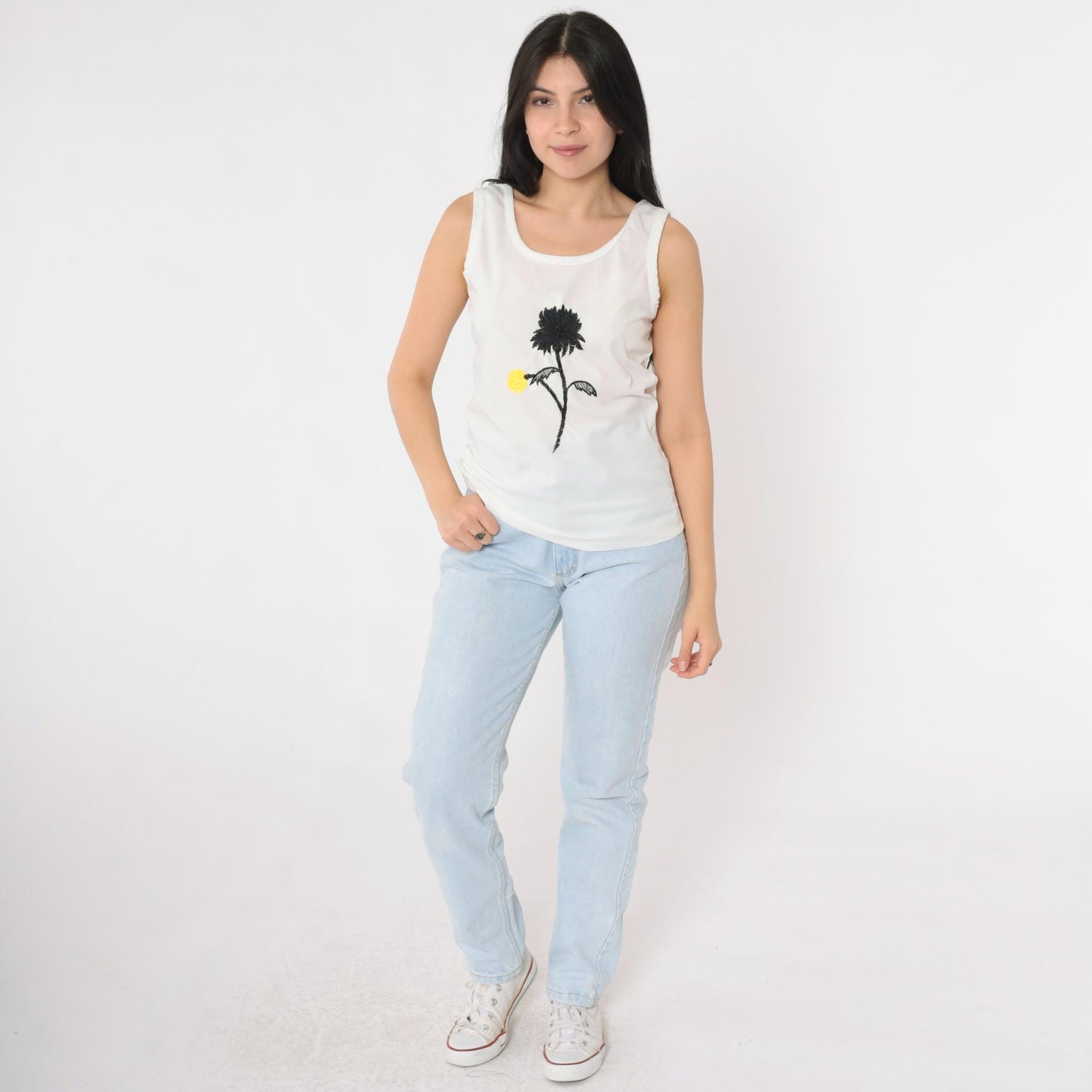 70s White Tank Top Black Yellow Floral Embroidered Rose Scoop Neck Extra Small