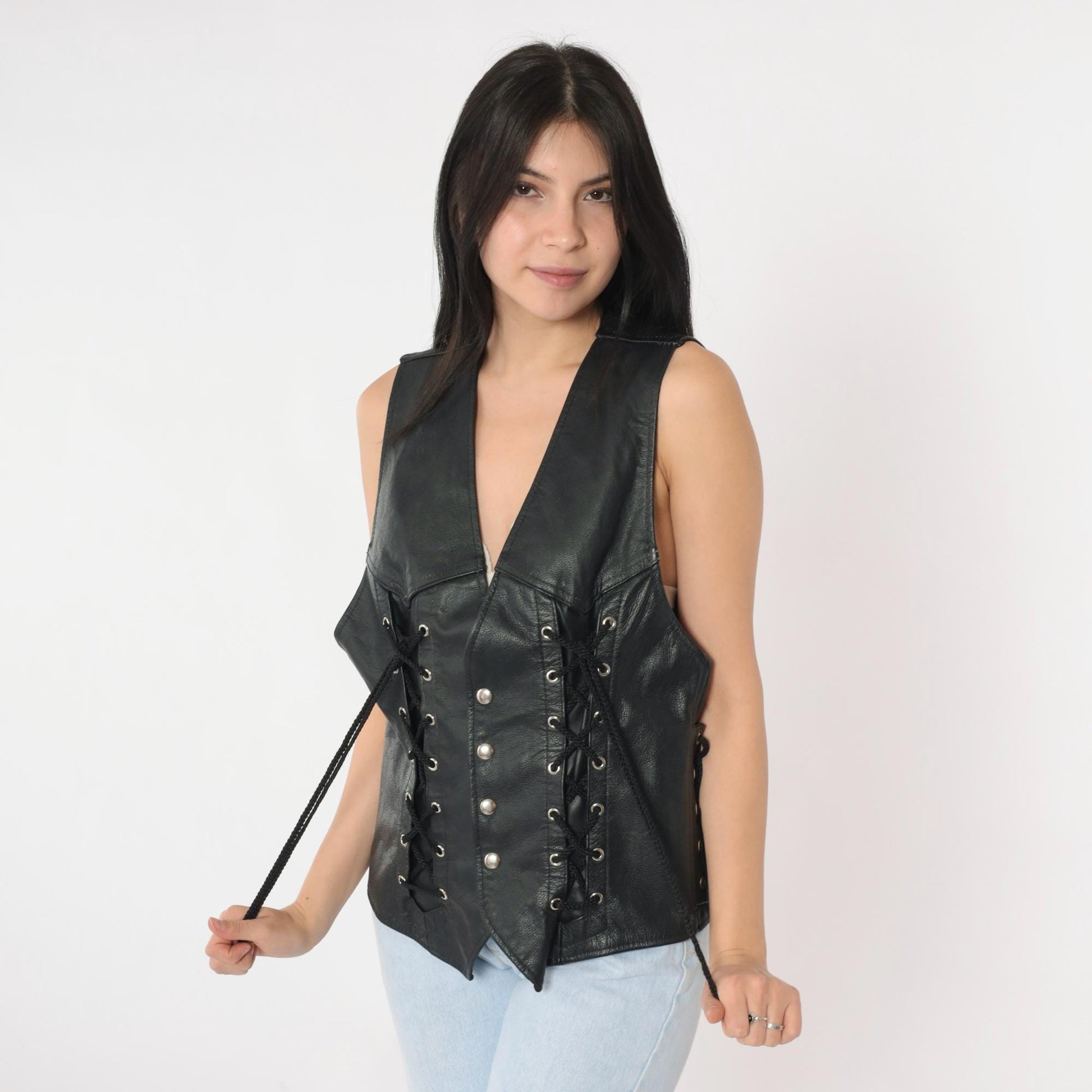 90s Black Leather Lace-Up Vest V-Neck Snap Button Sleeveless Small