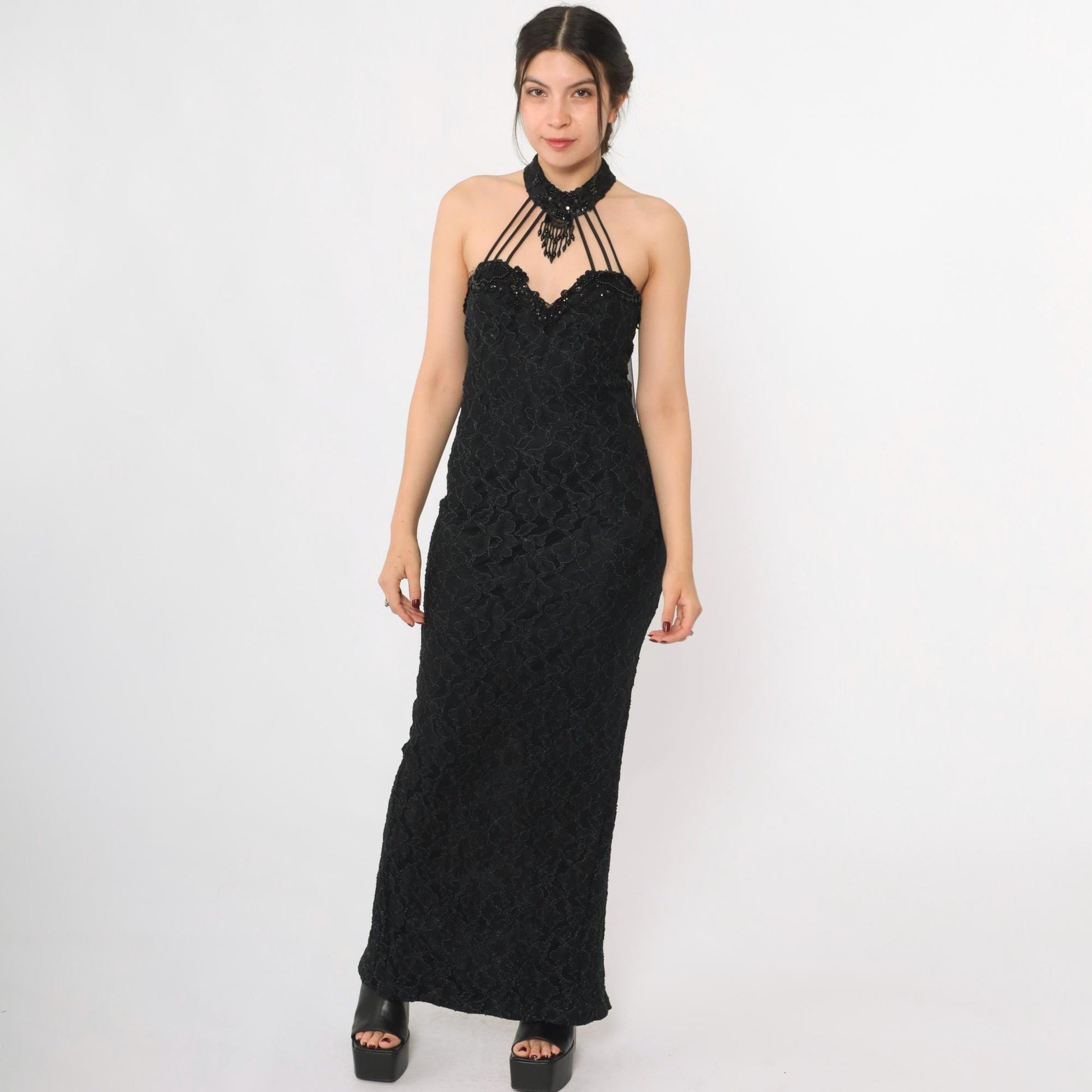 90s Black Lace Halter Maxi Gown Beaded Choker Neck Bodycon Train Medium