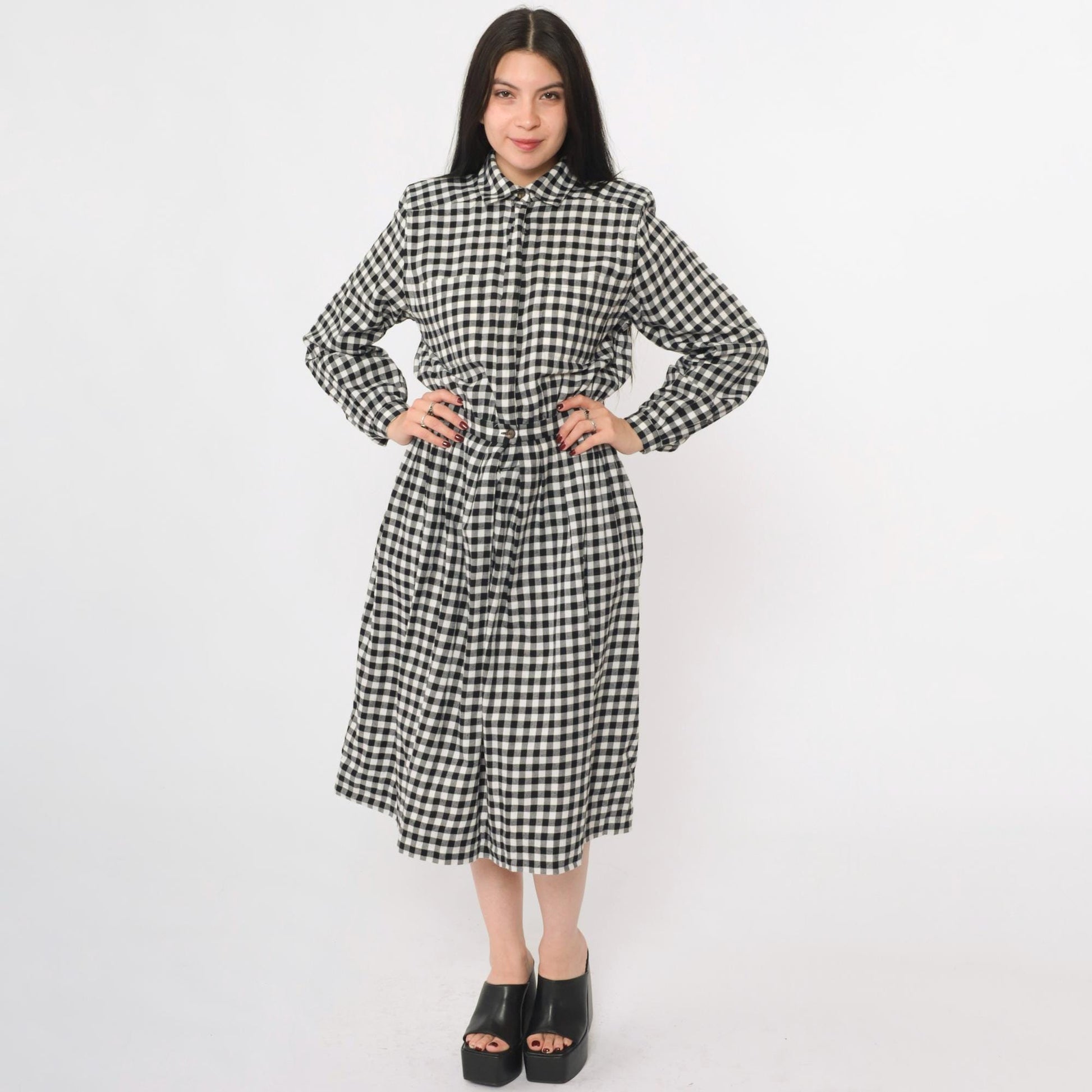 80s Charter Club Gingham Shirt Dress Black White Midi Cotton Small