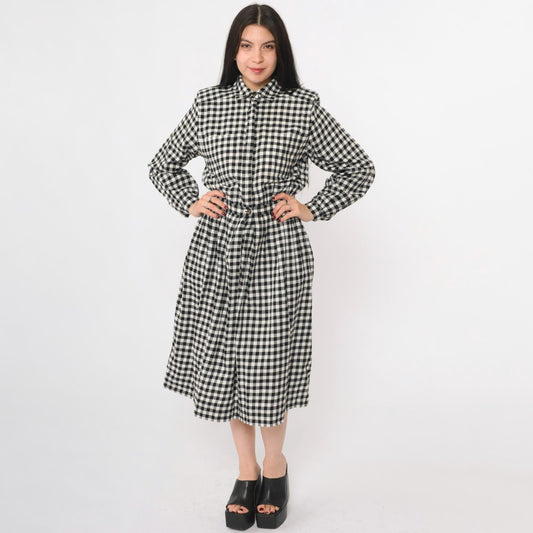 80s Charter Club Gingham Shirt Dress Black White Midi Cotton Small
