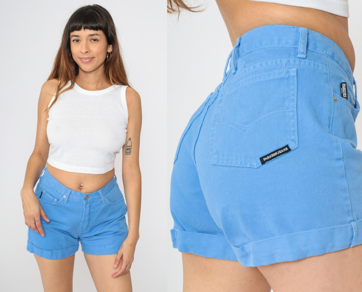 90s Parkers Blue Denim Shorts High Waisted Cuffed Cotton Small