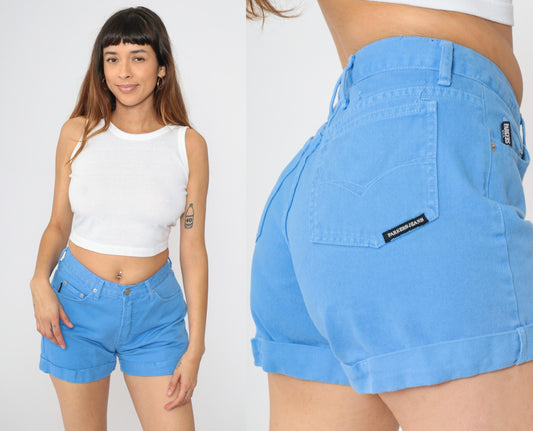 90s Parkers Blue Denim Shorts High Waisted Cuffed Cotton Small