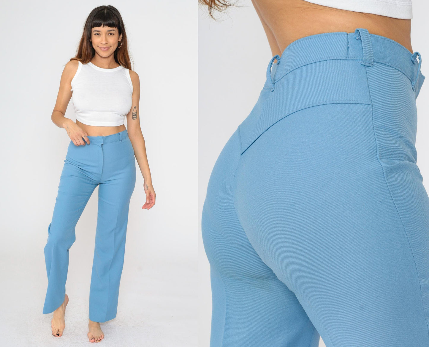 70s Western Straight Leg Trousers Blue High Rise Creased Small