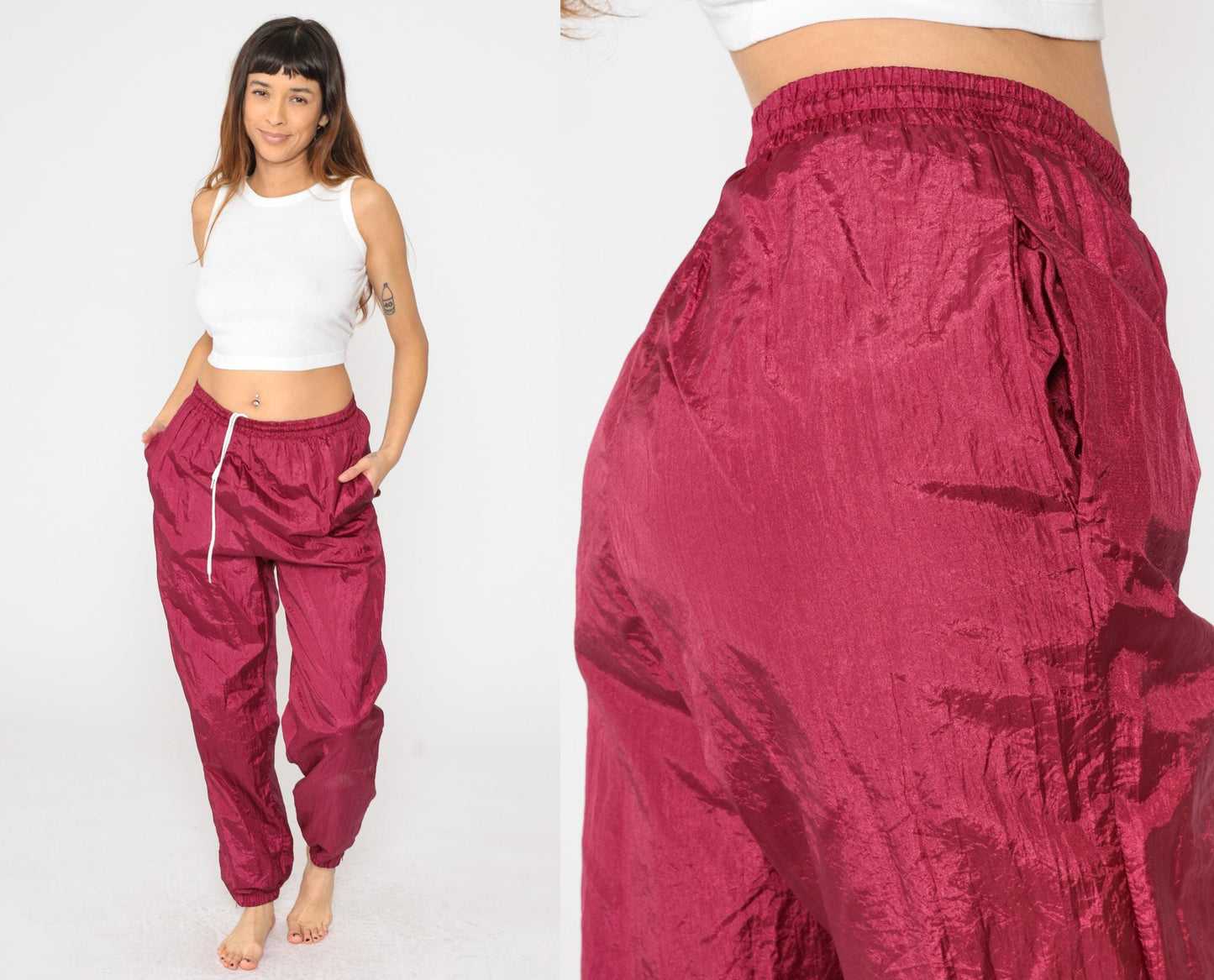 90s Burgundy Nylon Track Pants Drawstring Waist Small