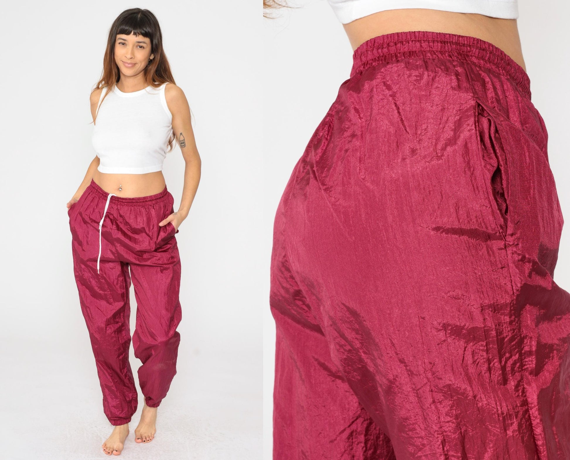 90s Burgundy Nylon Track Pants Drawstring Waist Small